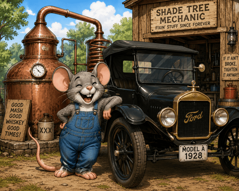 Shade Tree Mechanic illustration beside a vintage Ford